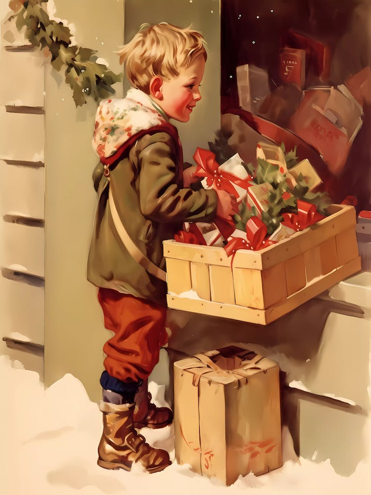 Vintage Christmas Boy with Packages