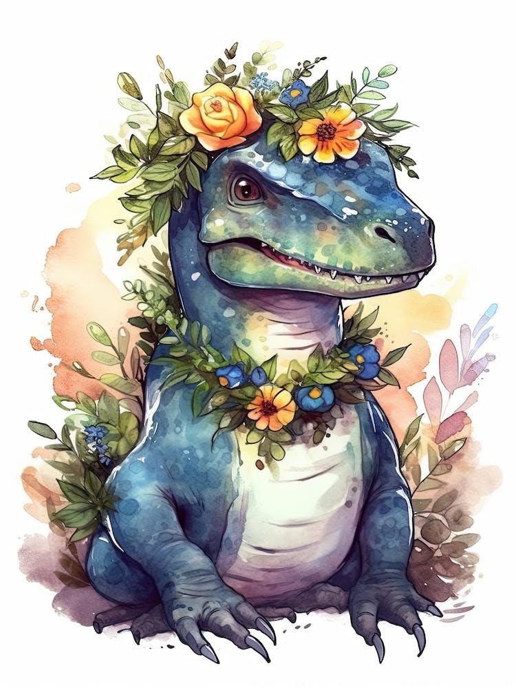 Allosaurus With A Crown Of Flowers Cute Dinosaur Watercolour 3