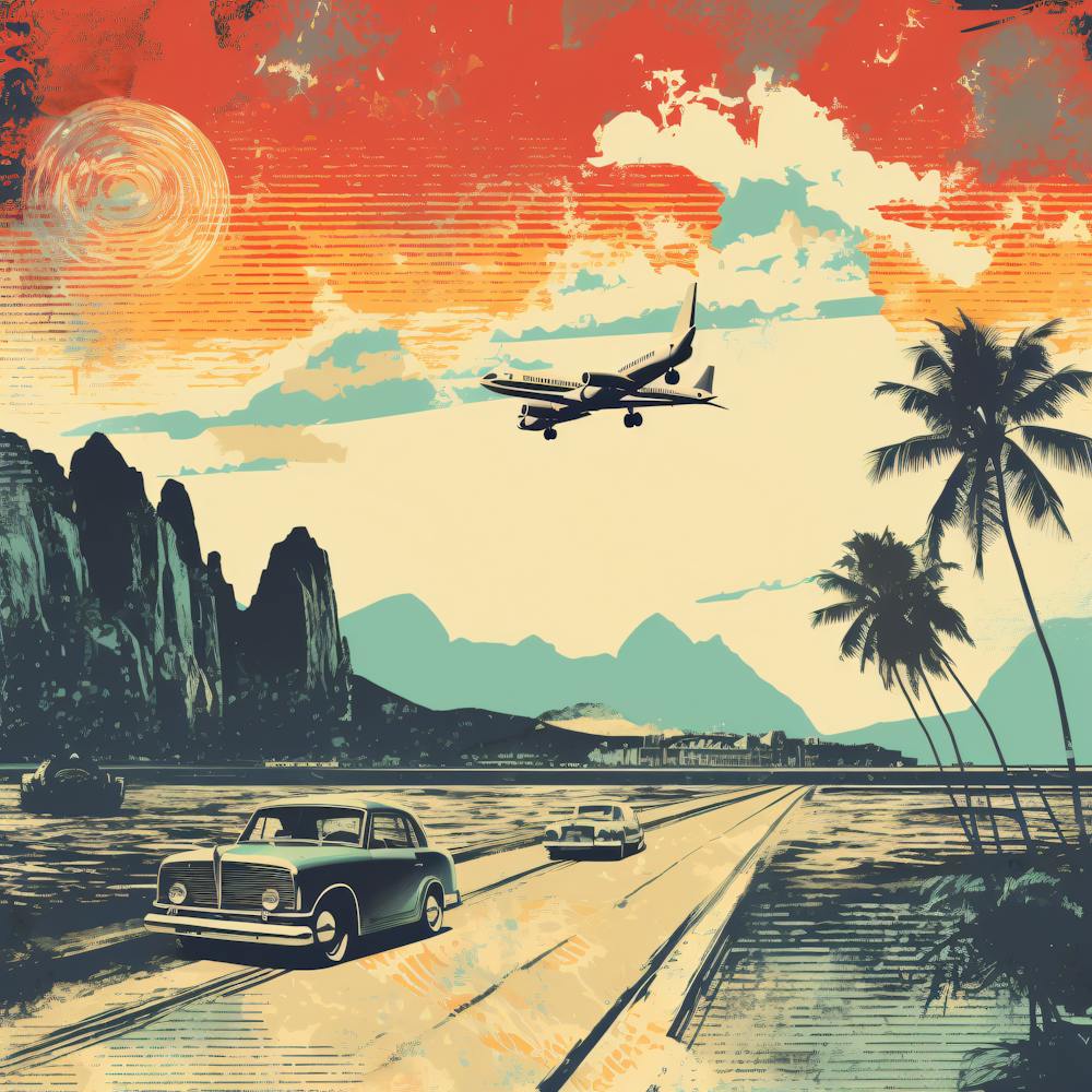 Vintage, Retro Travel Poster Tropical, Palm Trees, Airplane, Sun 2