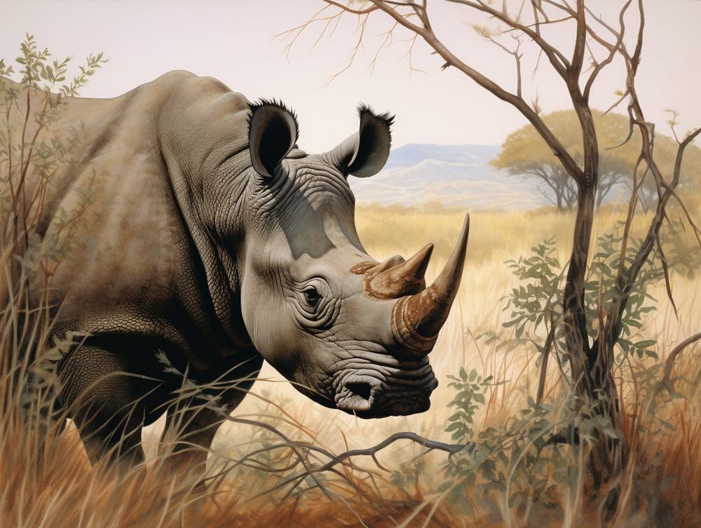 Black Rhinoceros Grazing In The African Savannah Realism 3