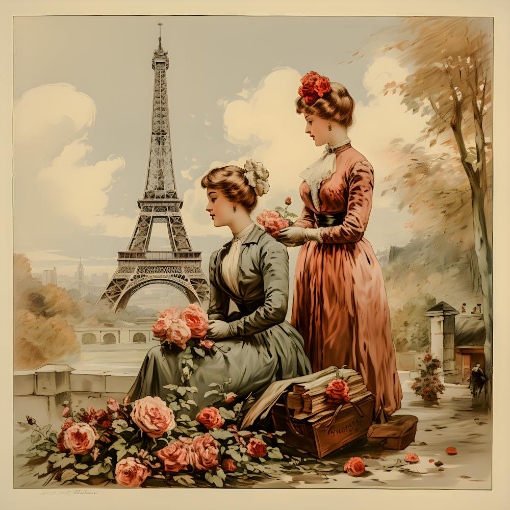 Parisian Elegance - Vintage Art with Victorian Women and Eiffel Tower | Handcrafted Floral Scene | French Inspired Wall Art