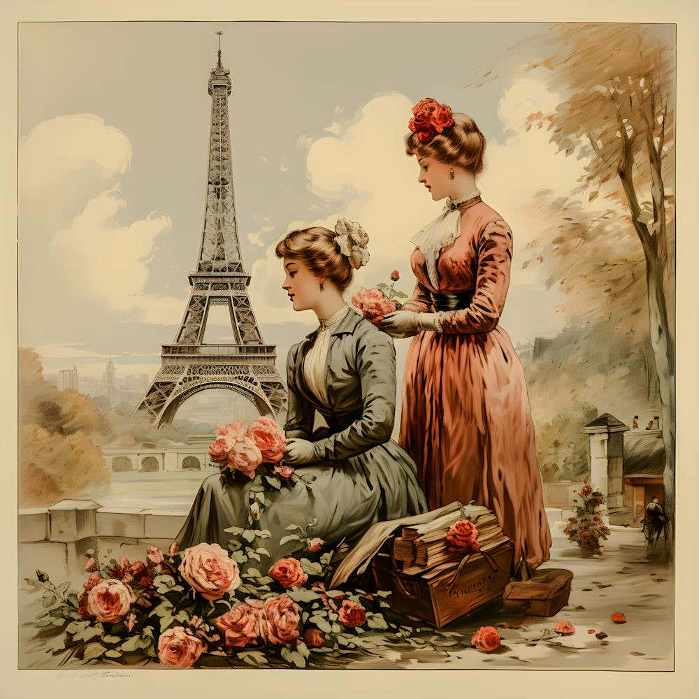 Parisian Elegance - Vintage Art with Victorian Women and Eiffel Tower | Handcrafted Floral Scene | French Inspired Wall Art