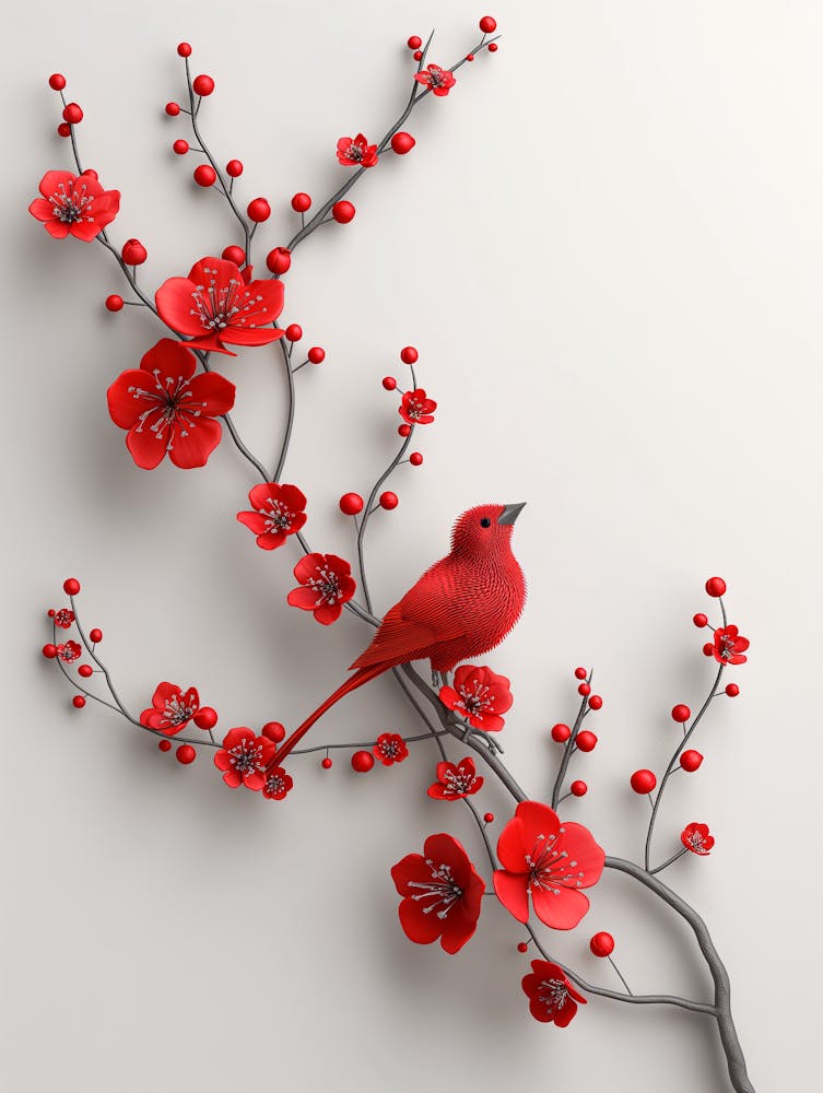 Red Bird On A Branch