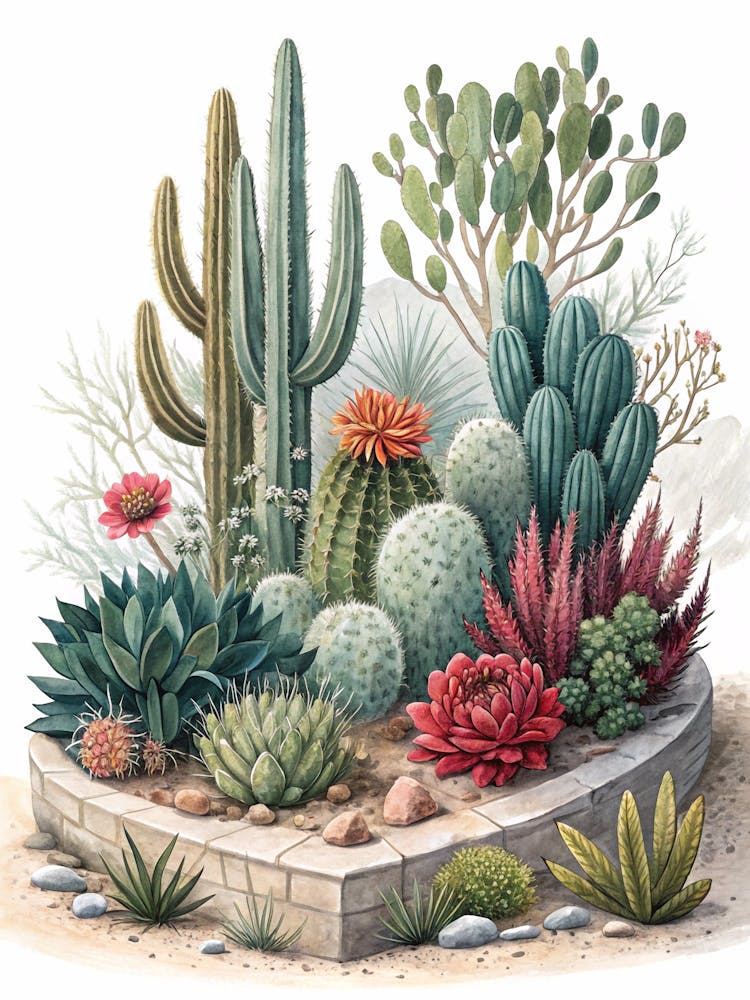 Oil Painting Style Desert Plants And Cacti In Mode