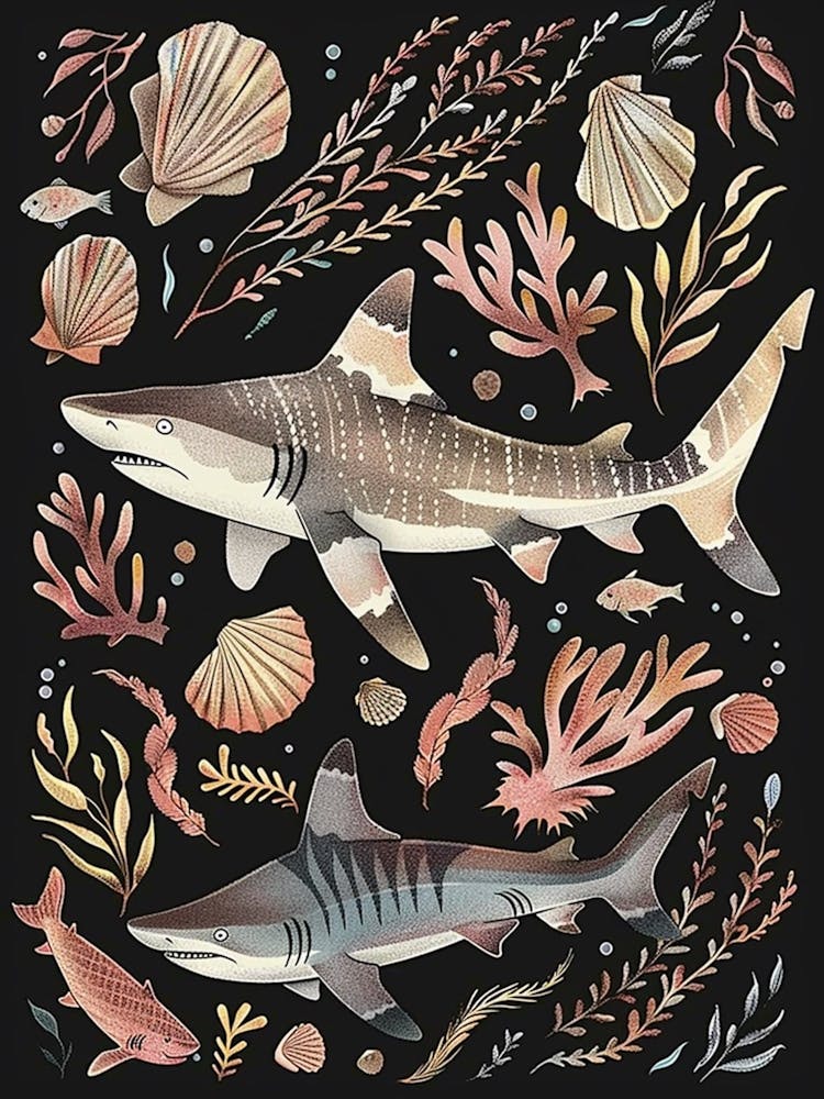Zebra Shark Seascape Black Background Illustration 2