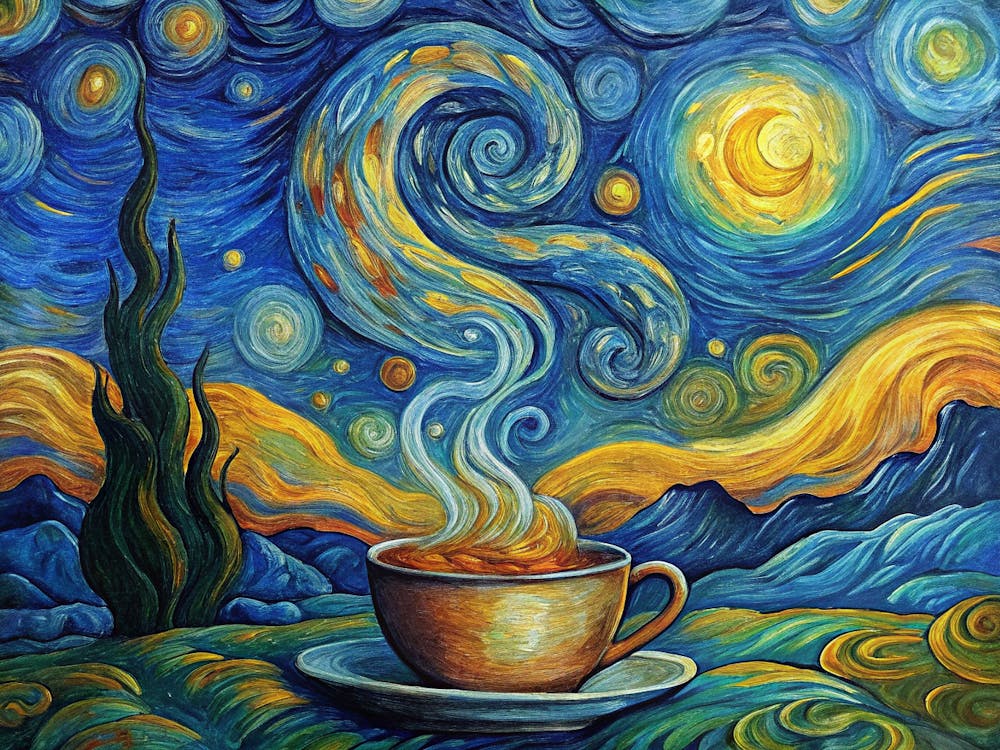 Van Gogh A Steaming Coffee Cup With Swirling Stea