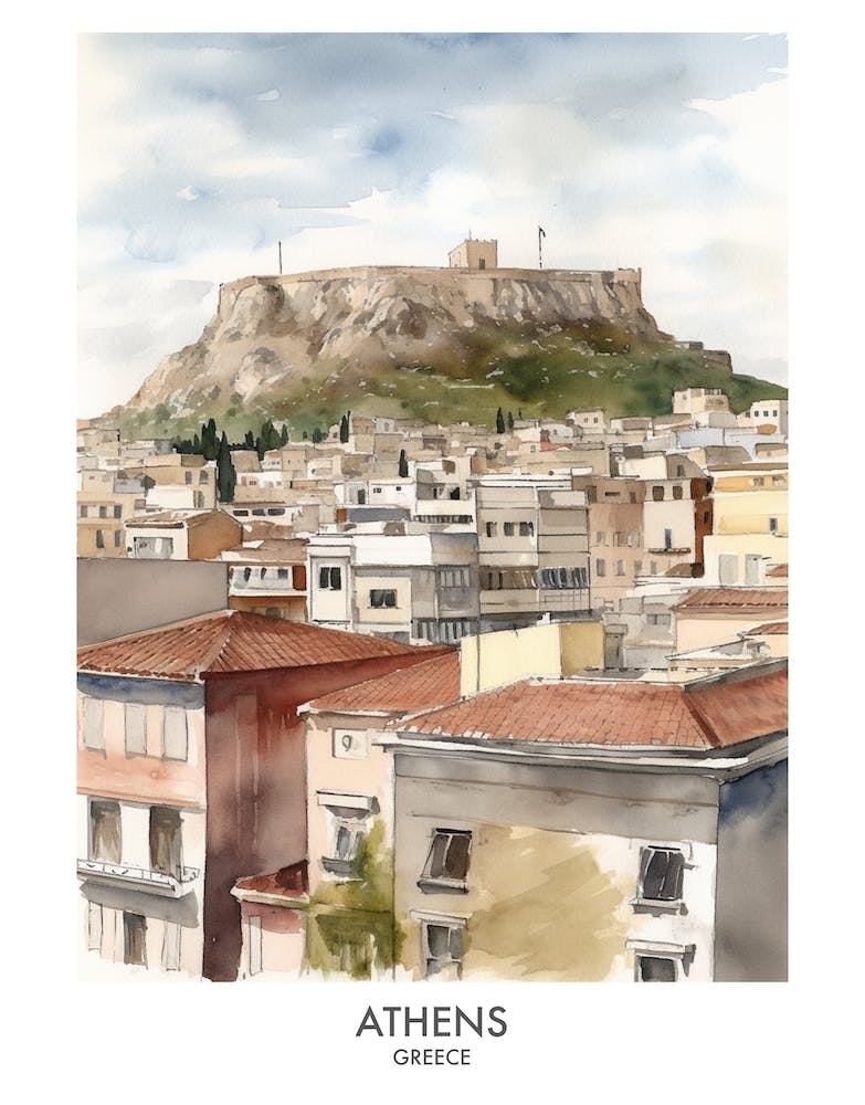 Athens Watercolour Travel Poster 2