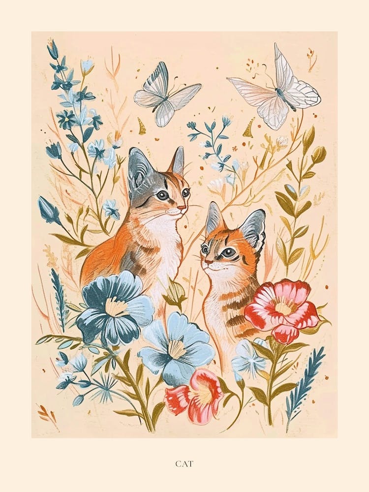 Folksy Floral Animal Drawing Cat 3 Poster