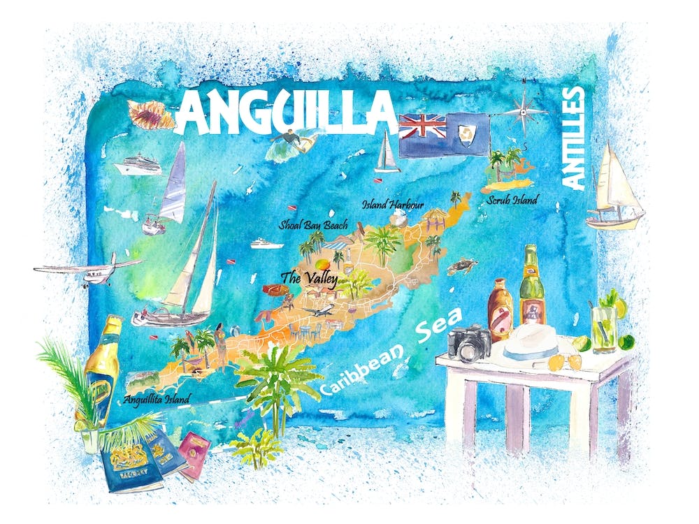 Anguilla Karibik Illustrierte Reisekarte Mit Straßen Und Highlights