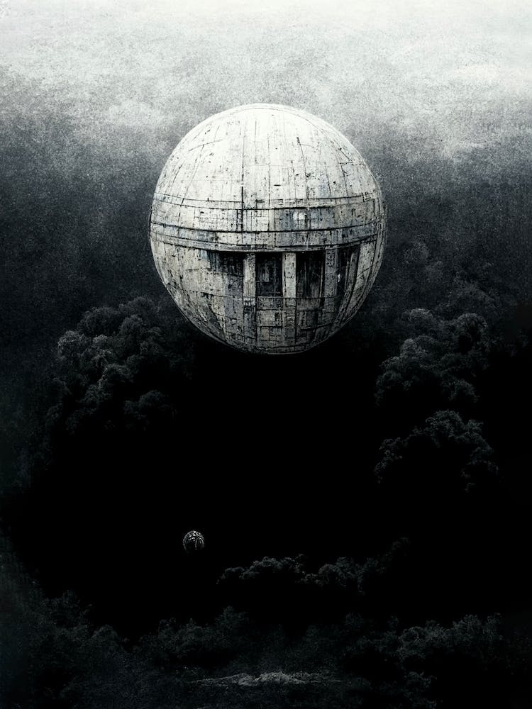 Round Spaceship Coming To Earth Black And White