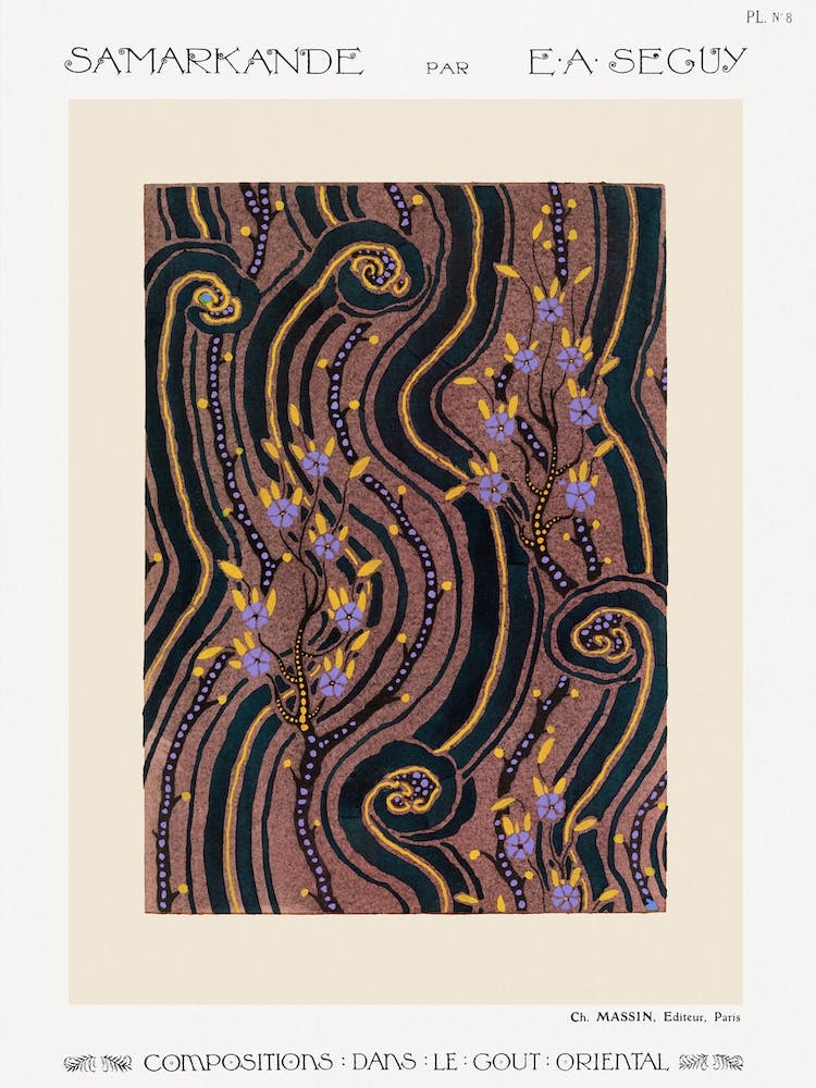 Art Deco Flower Pattern Pochoir Print In Oriental Style 1, Eugène Séguy