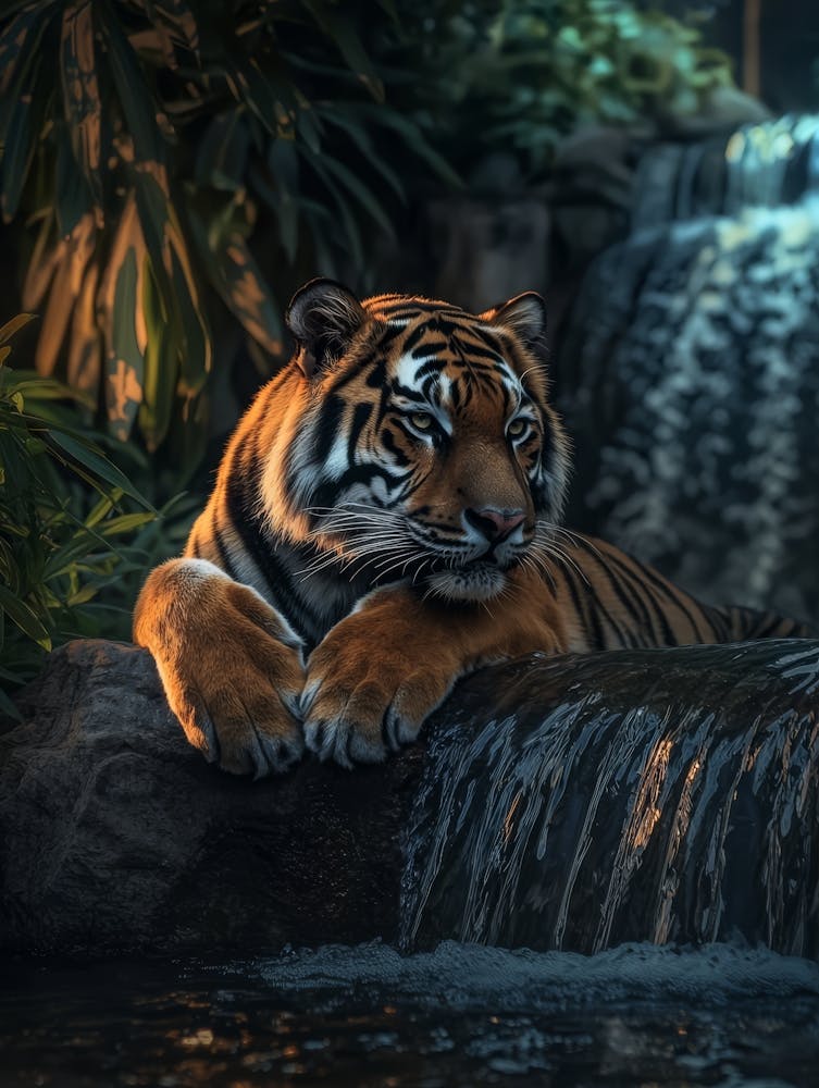 Tiger By The Waterfall. Generated AI. 2