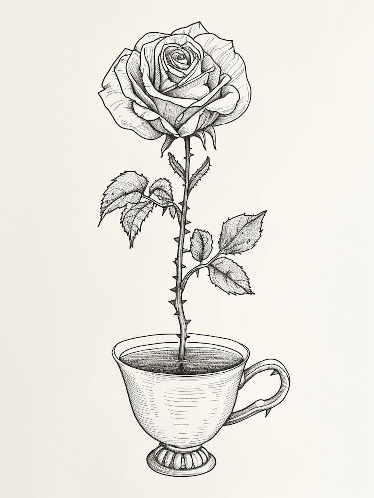 English Rose In A Cup Line Drawing 4