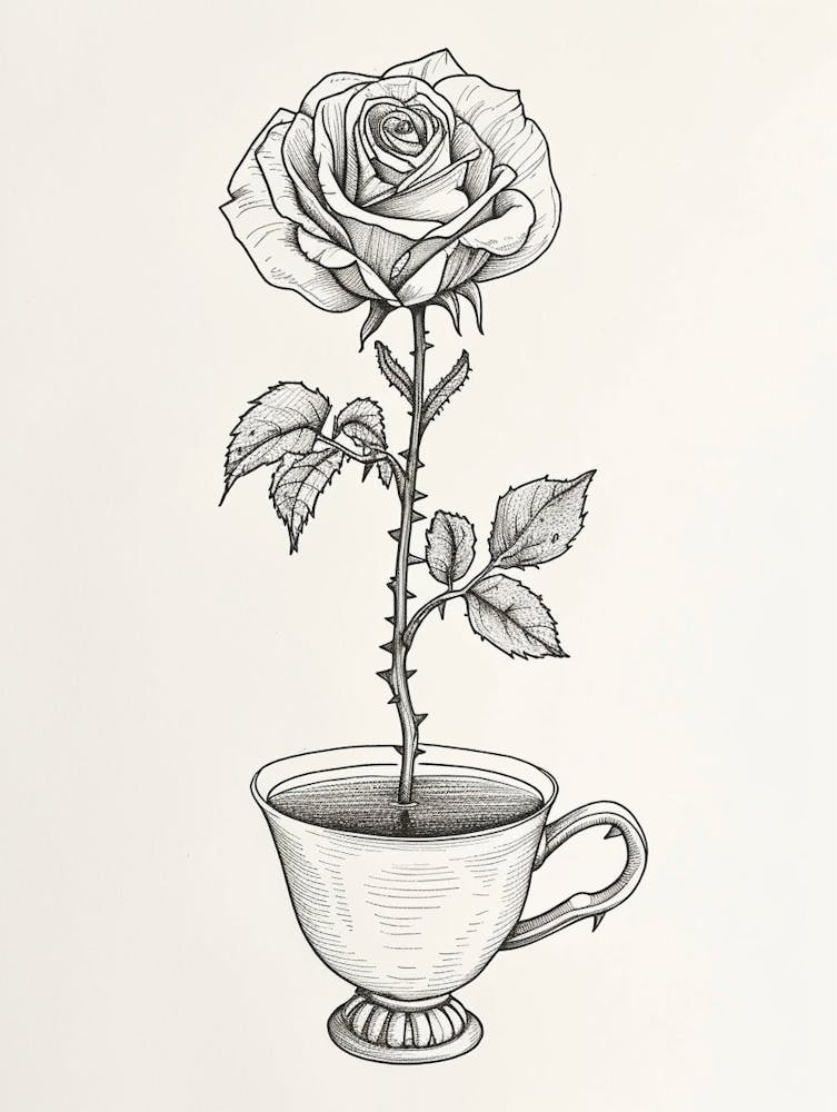 English Rose In A Cup Line Drawing 4