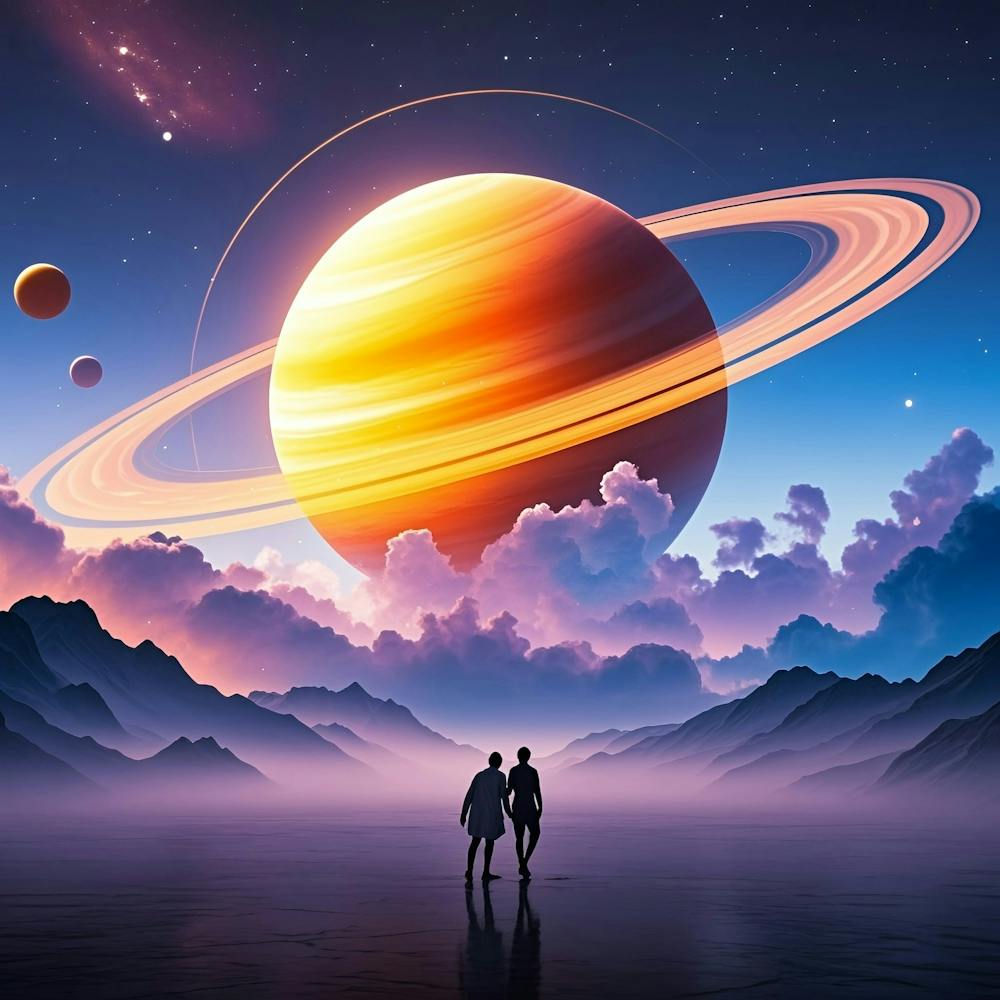 Two People Standing In Front Of Saturn