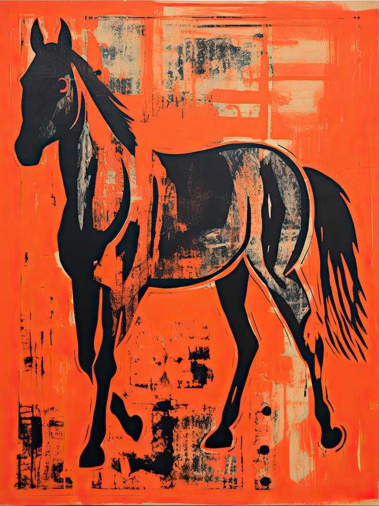 Black Horse, Woodblock Animal  Drawing 5