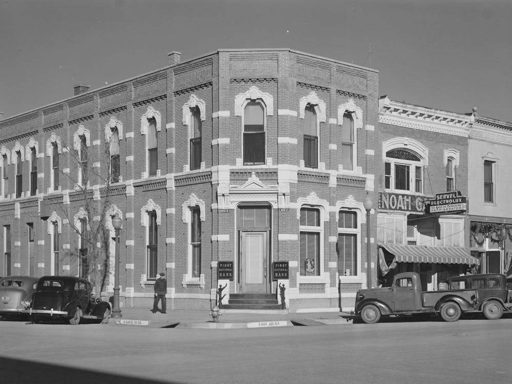 First National Bank Corner, Norton, Kansas By Russell Lee