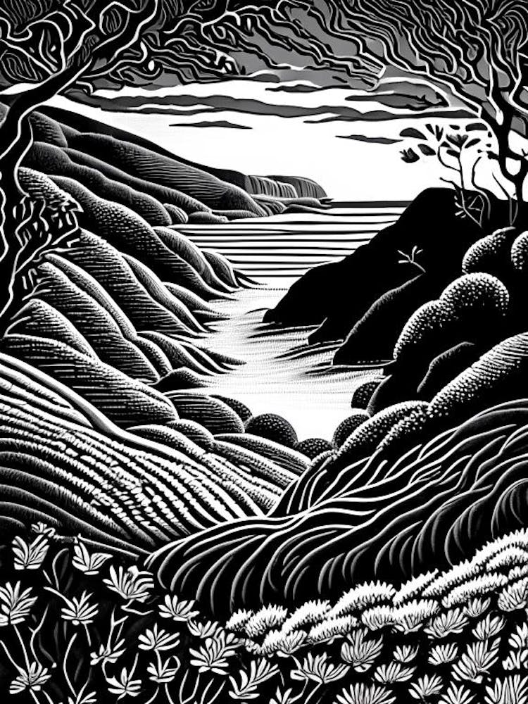 Wave Hill, 1, Usa Linocut Black And White Vintage
