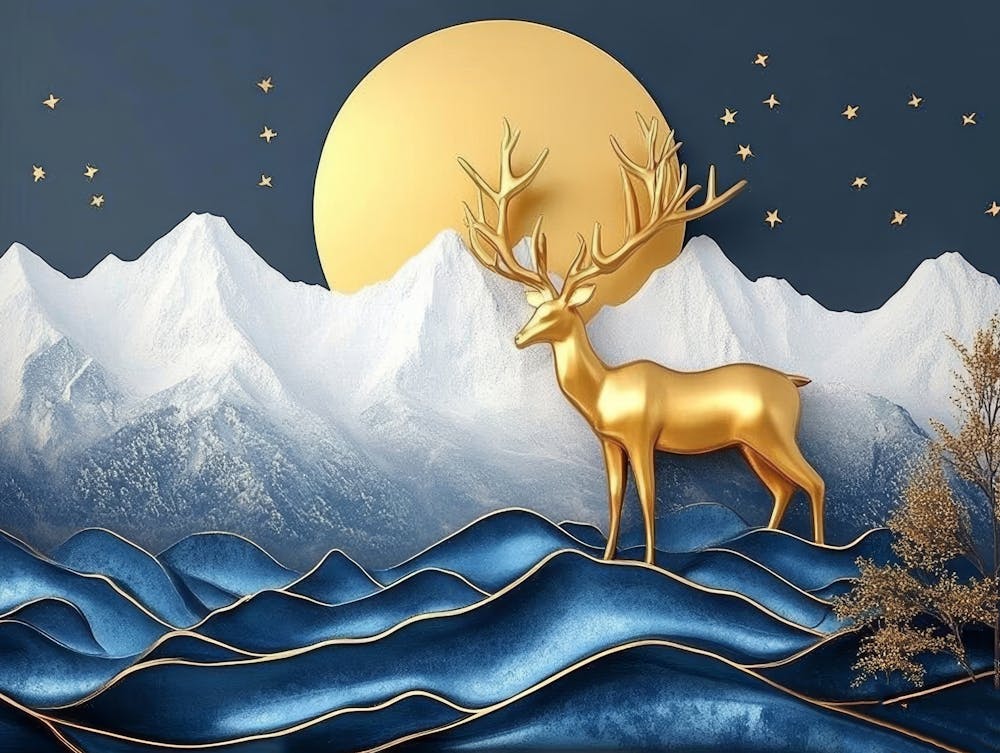 3D Moderne Kunst mit dunkelblauem und goldenem Wellenhintergrund, Berge und goldener Hirsch