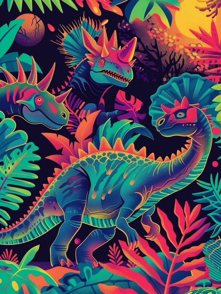 Abstract Neon Dinosaurs In Jurassic Landscape 2