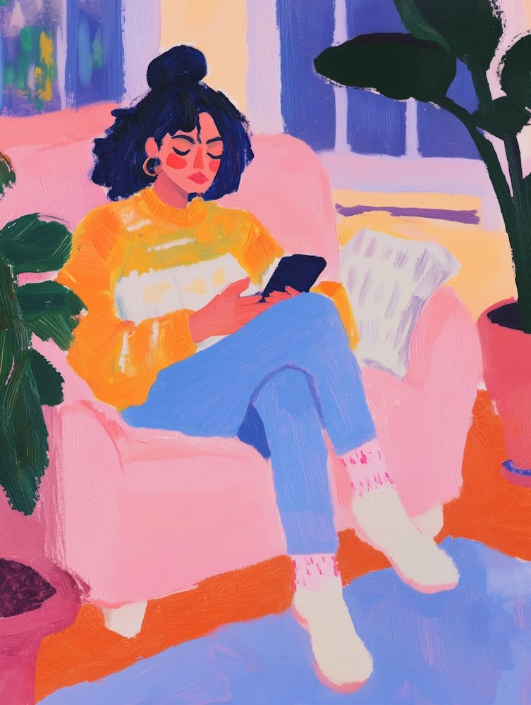 Girl with Phone Gouache Painting
