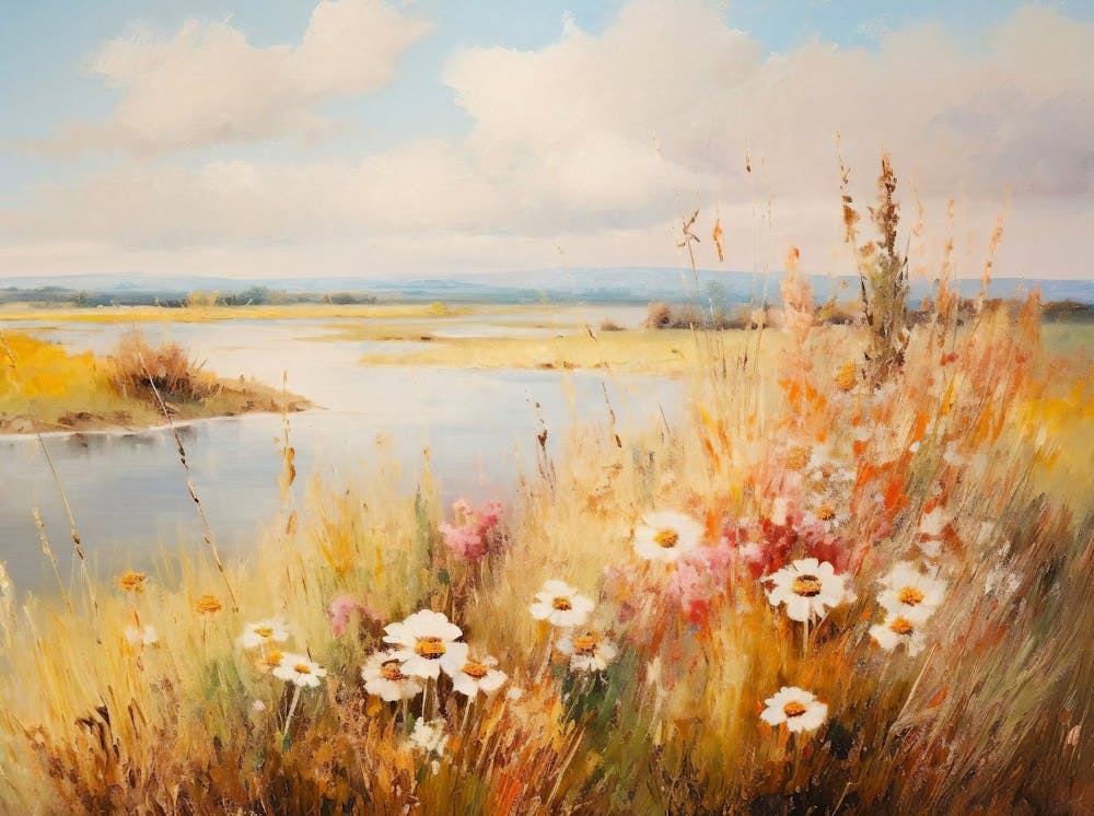Wildflower Field Landscape, Vintage Neutral Landscape Oil Painting, Muted Country Field Wall Art Digital Download, Printable Art