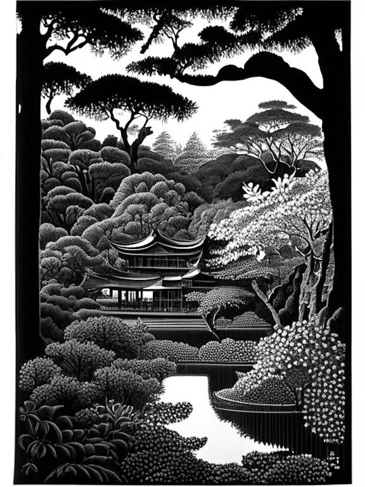 Ryoan Ji Garden, 1, Japan Linocut Black And White Vintage