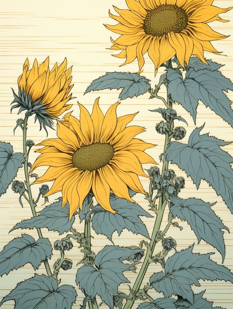 Himawari Sunflower 2 Vintage Japanese Botanical