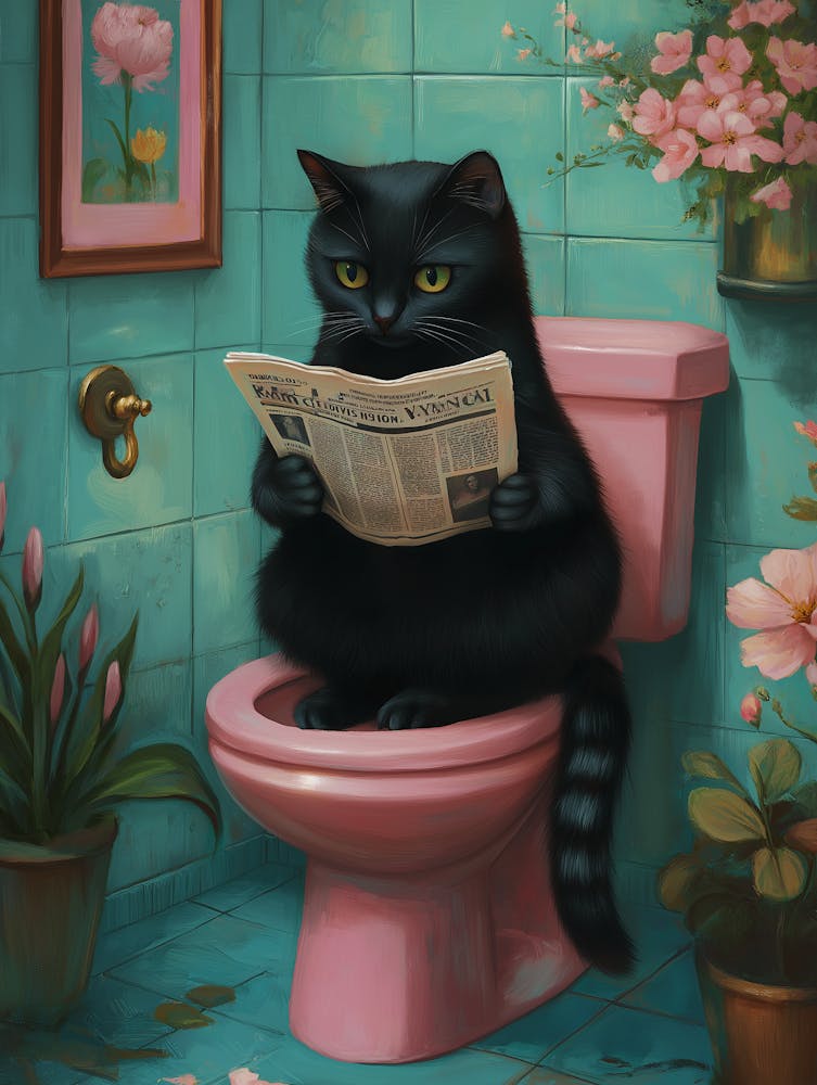 Chat Noir Assis sur des Toilettes Roses