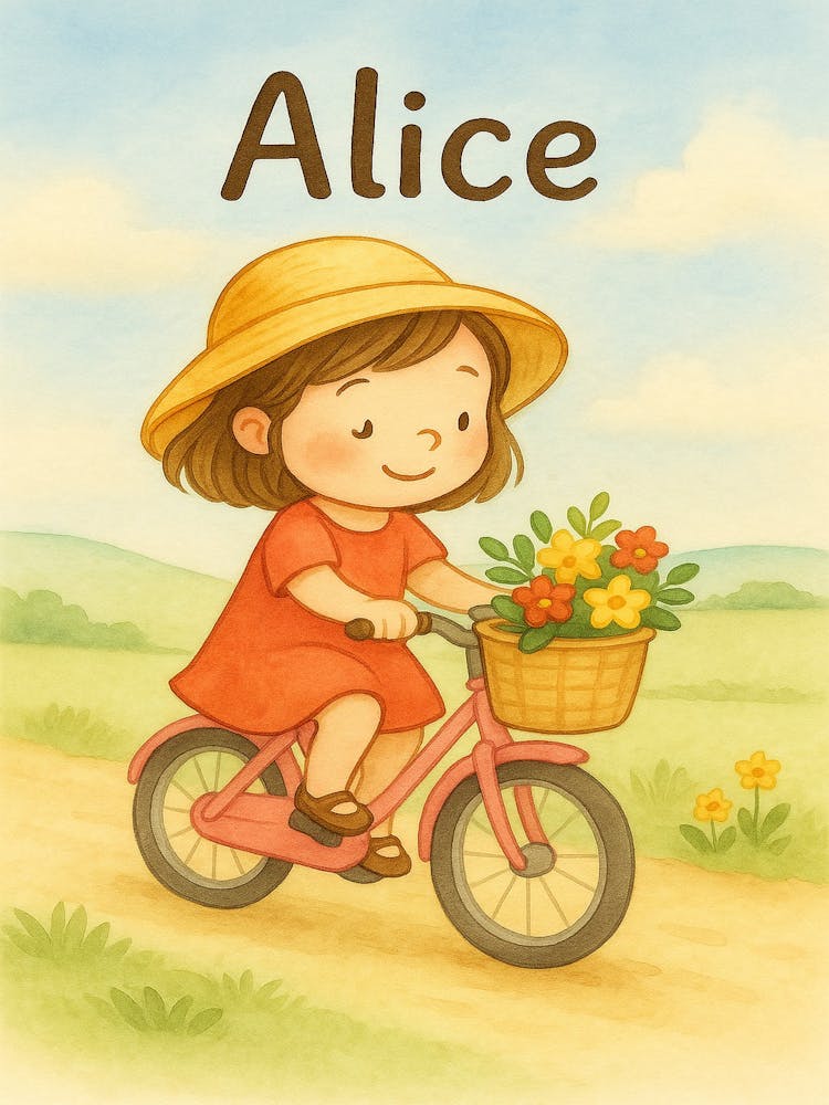 Art mural personnalisé Fille à Vélo - Nom Alice - Poster Numérique - Impression Déco pour Chambre d'Enfant