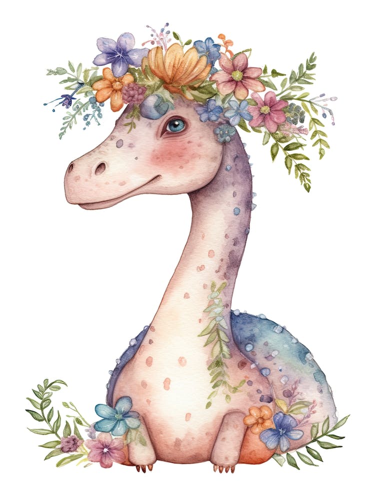 Diplodocus With A Crown Of Flowers Cute Dinosaur Watercolour 4