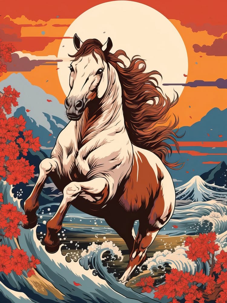 Horse Animal Drawing In The Style Of Ukiyo E 2