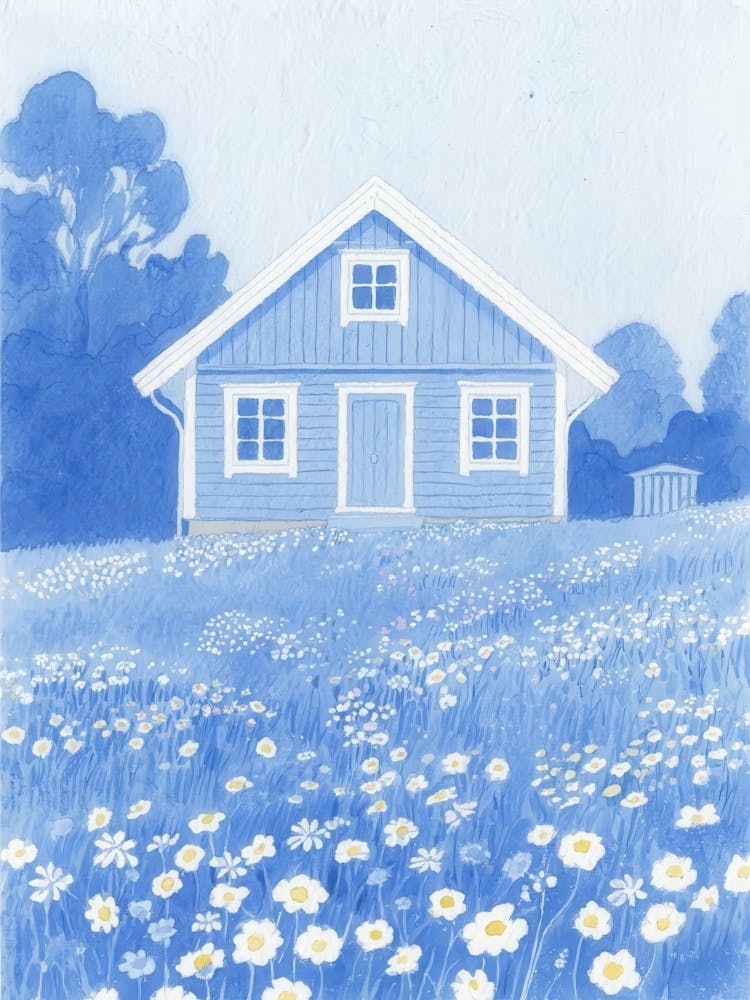 Blue House With Daisies