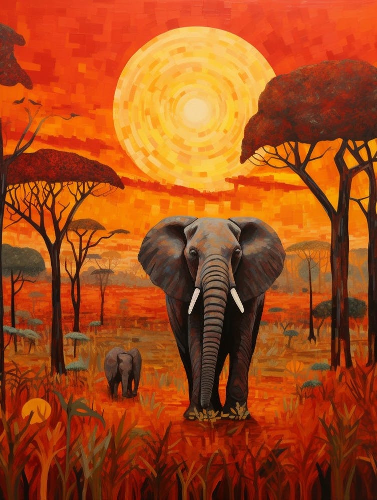 African Elephant In The Savannah Traditional Painting 1