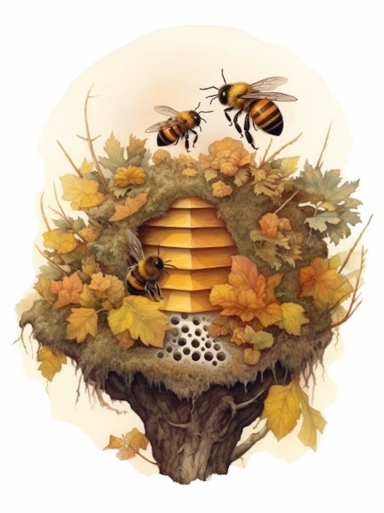 Tawny Mining Bee Beehive Watercolour Illustration 2