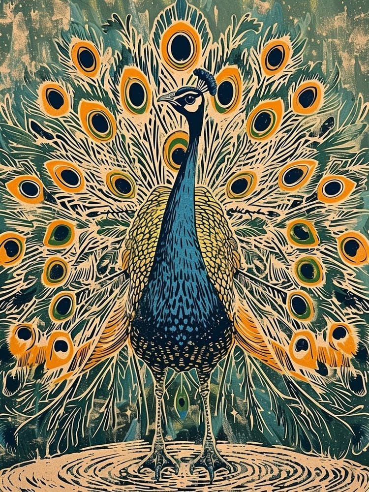 Blue Mustard Peacock Linocut Inspired 2