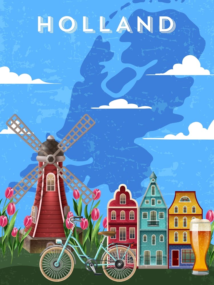 Amsterdam, Netherlands/Holland — Retro travel minimalist poster, retro travel art, retro travel wall art, vector art 4