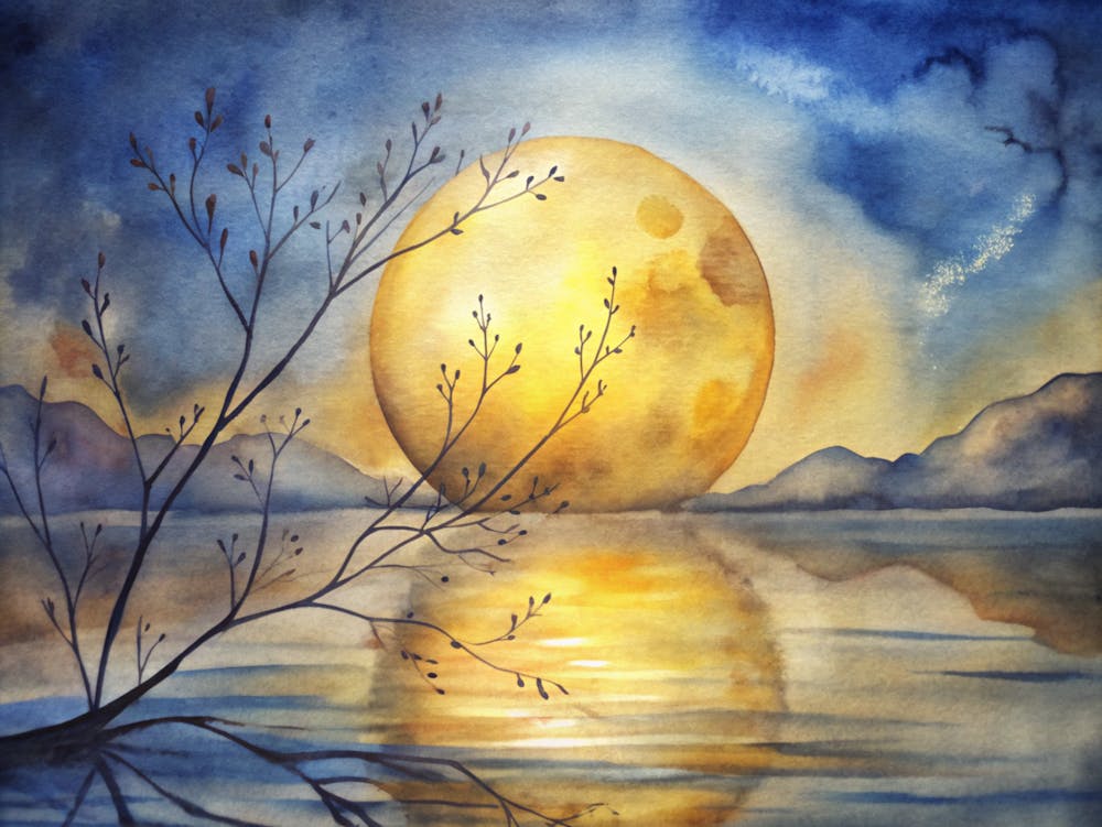 A Golden Moon Reflecting On The Calm Waters With
