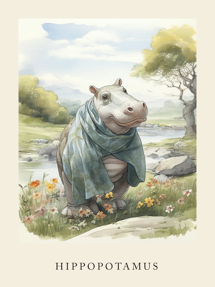 Beatrix Potter Inspired  Animal Watercolour Hippopotamus 2