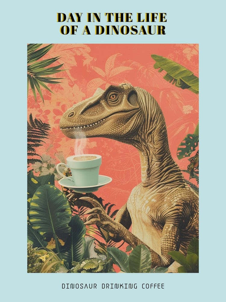 Dinosaur Drinking Coffee Retro Collage 3 Poster