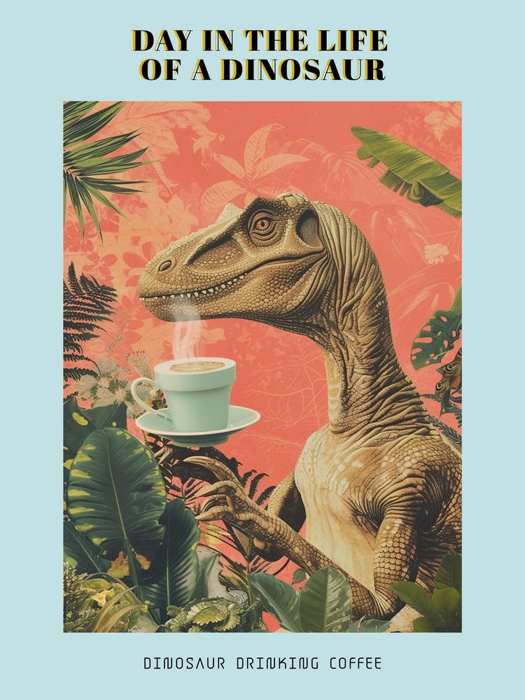 Dinosaur Drinking Coffee Retro Collage 3 Poster