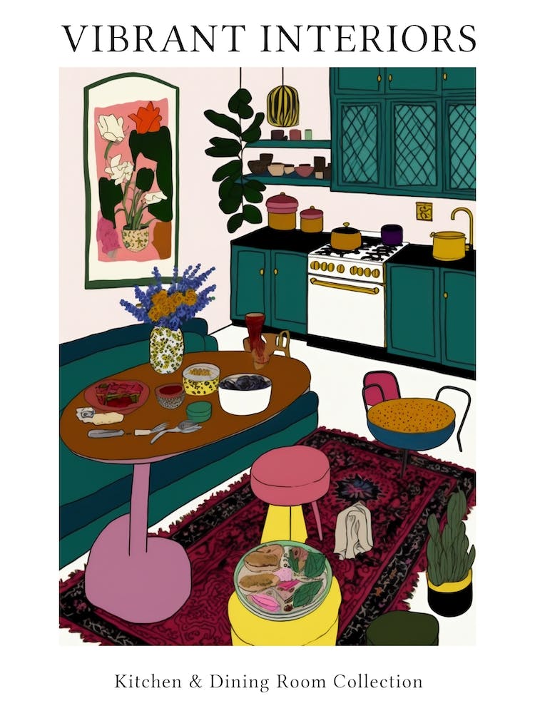 Vibrant Interiors Kitchen And Dining Room Illustration