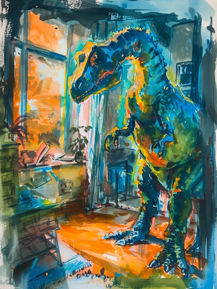 Dinosaur In The House Gouache Watercolour