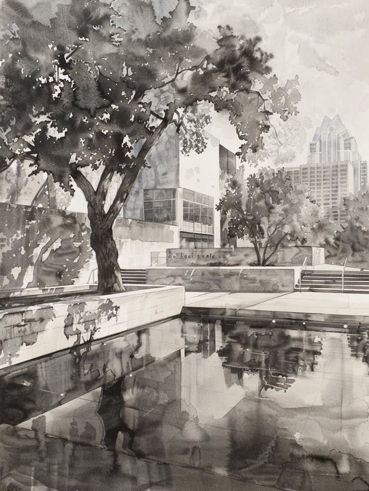 Memorial Museum Austin Texas Black And White Watercolour 1