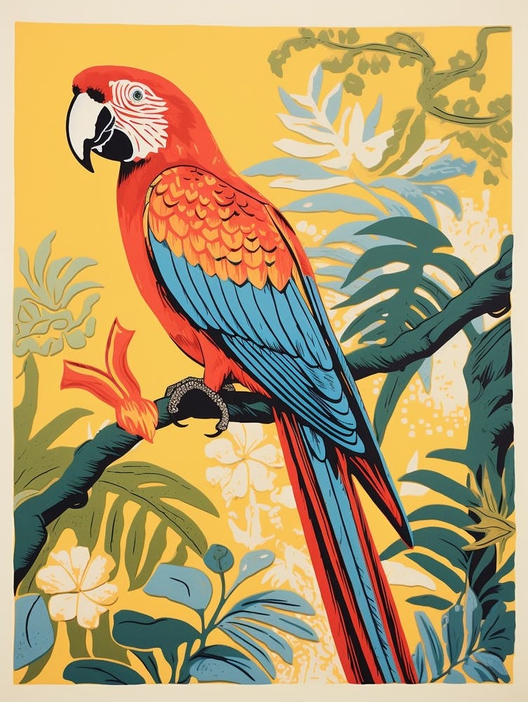 Vintage Bird Linocut Macaw 1