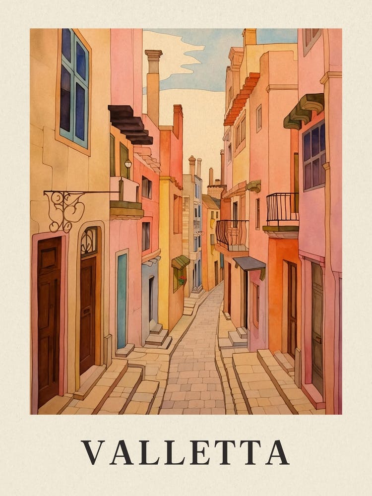 Valletta Malta 3 Vintage Pink Travel Illustration Poster