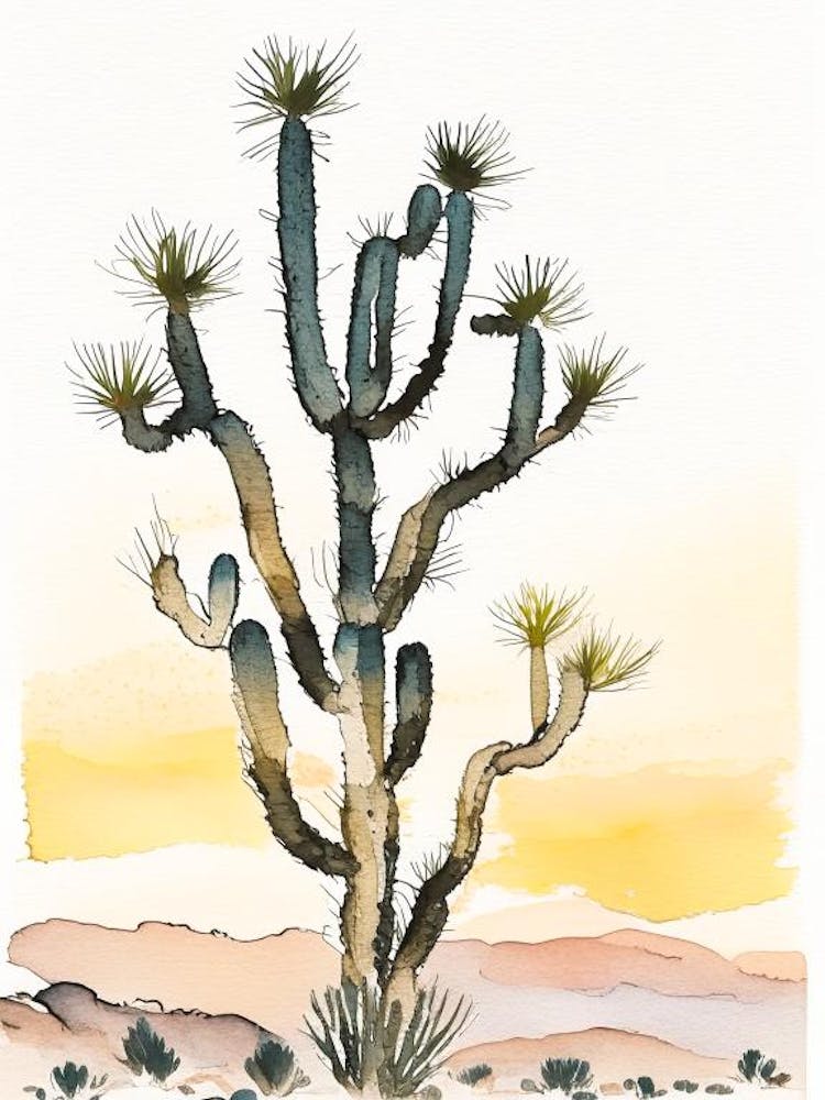 Joshua Trees At Dawn In Desert Minimilist Watercolour  (2)