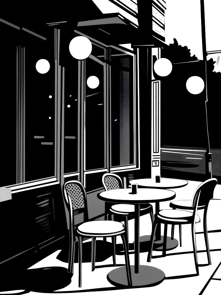 Illustration en Noir et Blanc d'un Café