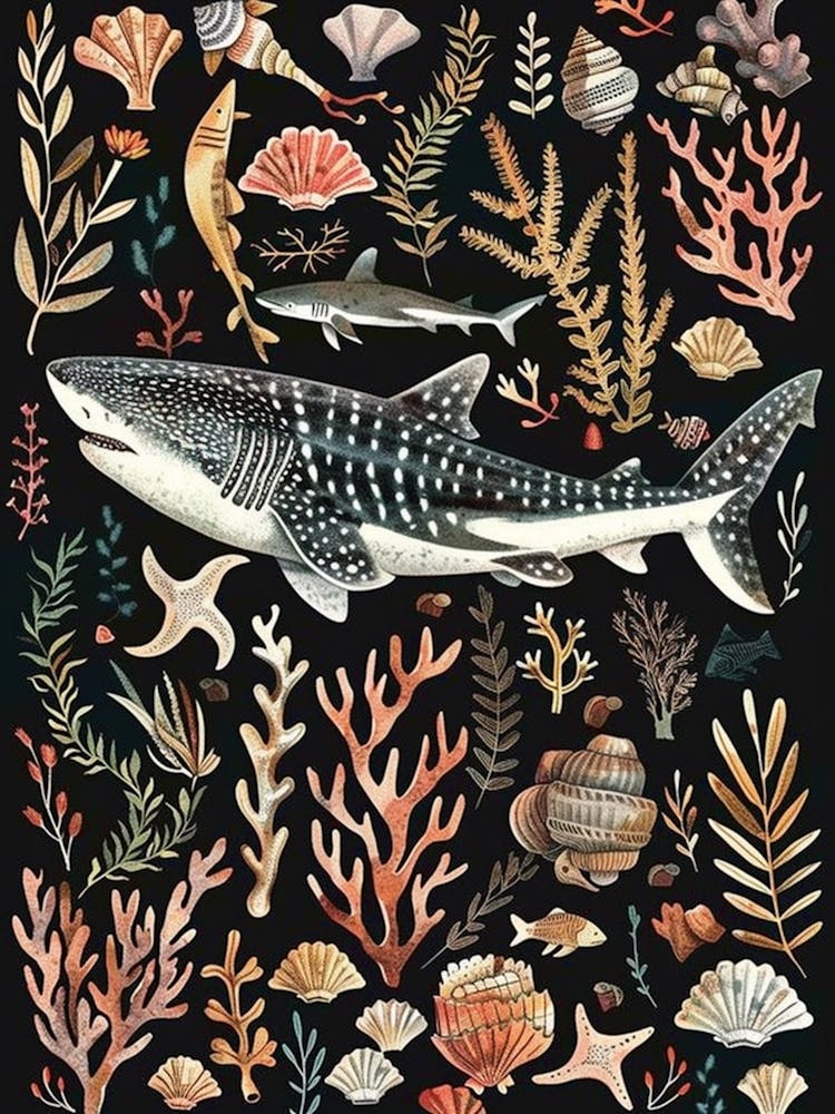 Whale Shark Seascape Black Background Illustration 1