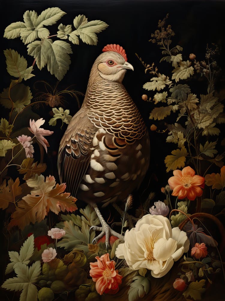 Ruffed Grouse Portrait With Rustic Flowers 1